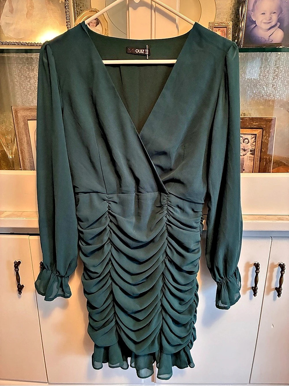 QUIZ Ruched Mini Dress in Green Size Small